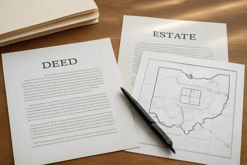Ohio probate and inherited land paperwork on a desk