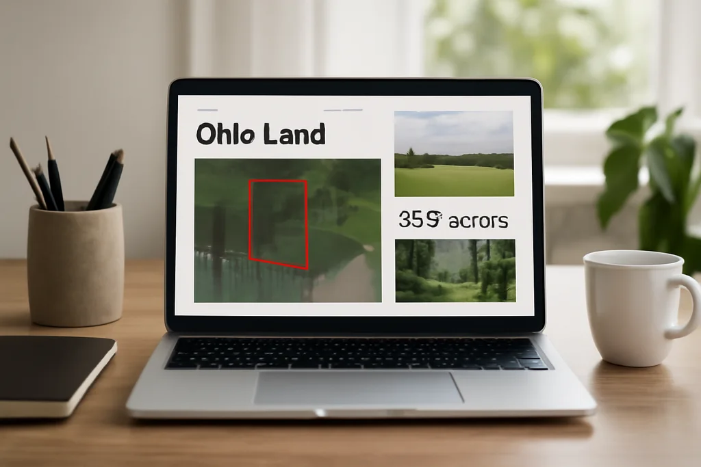 Ohio land listing shown on a laptop with parcel map and property photos