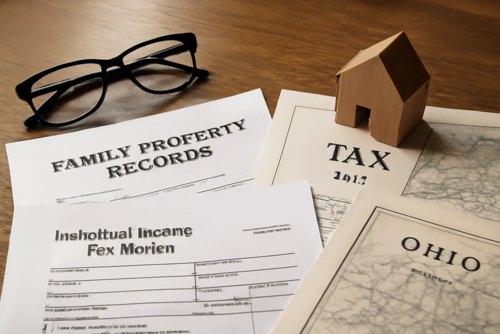 Family property records and tax paperwork for inherited Ohio land